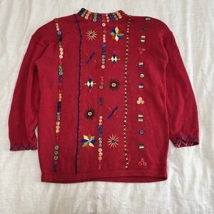 Vintage 90s Bonnie & Bill Funky Colorful Button Red Long Sweater XL Holiday Arts